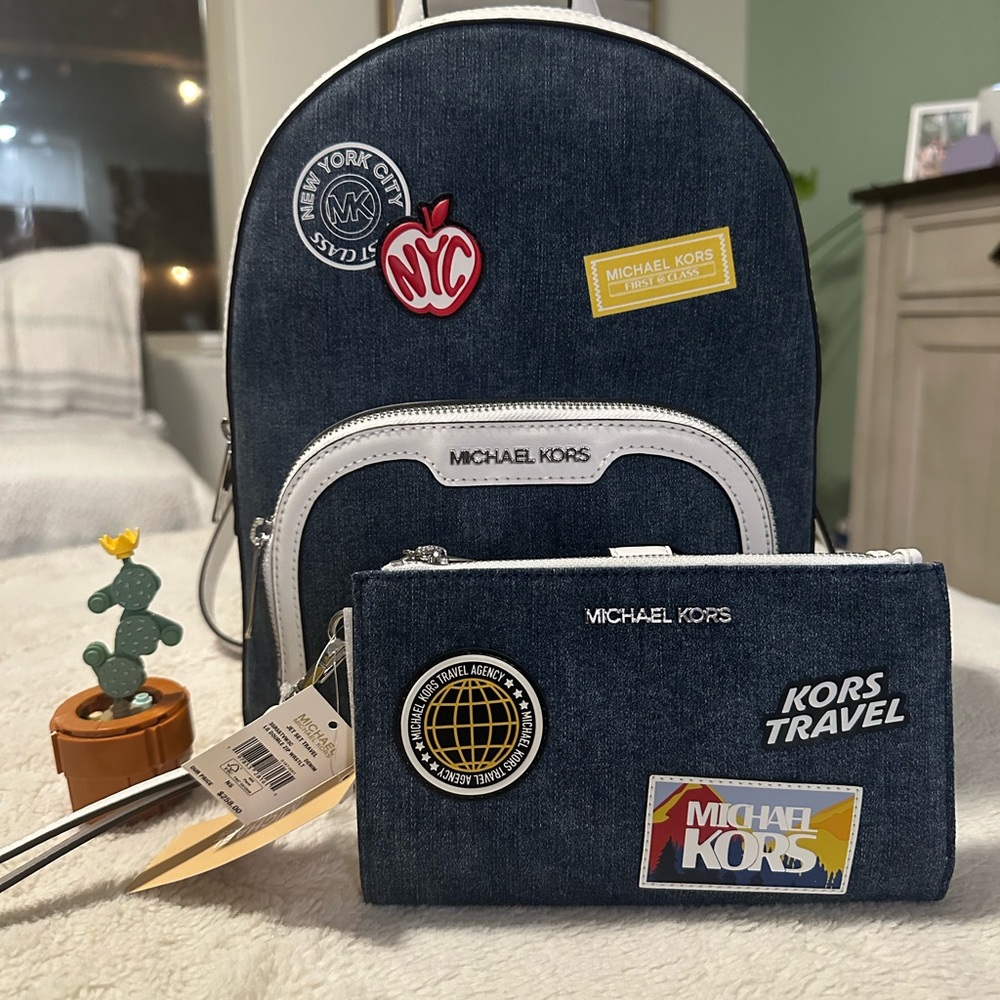 Michael Kors Blue Denim Backpack and Wallet Set